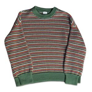 Mabli Wool Striped Crochet Knit Sweater Green Multicolor Crewneck Boho Small